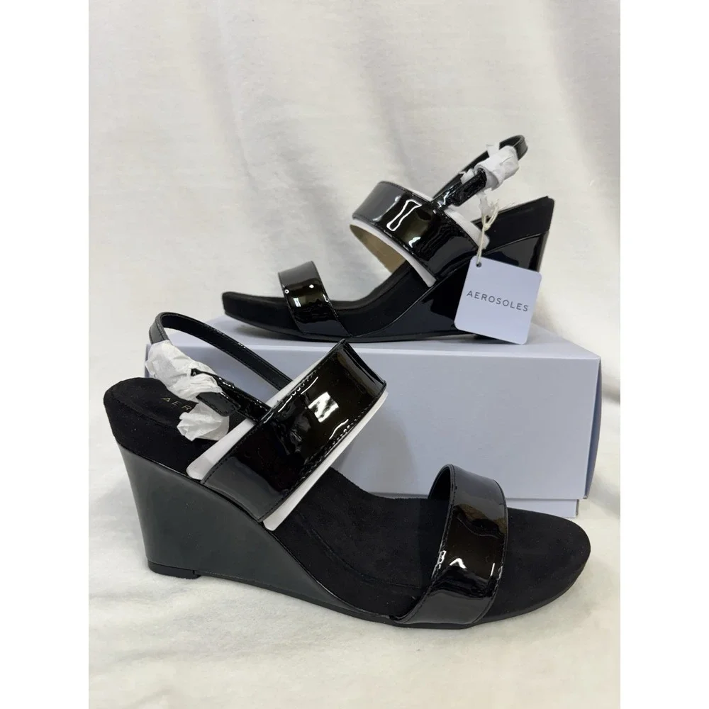 Aerosoles Petra Women's Wedge Sandals Black Patent Faux Leather Size 9.5